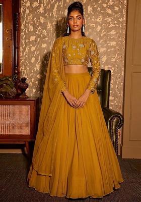 Mustard Embroidered Silk Blend Lehenga Set