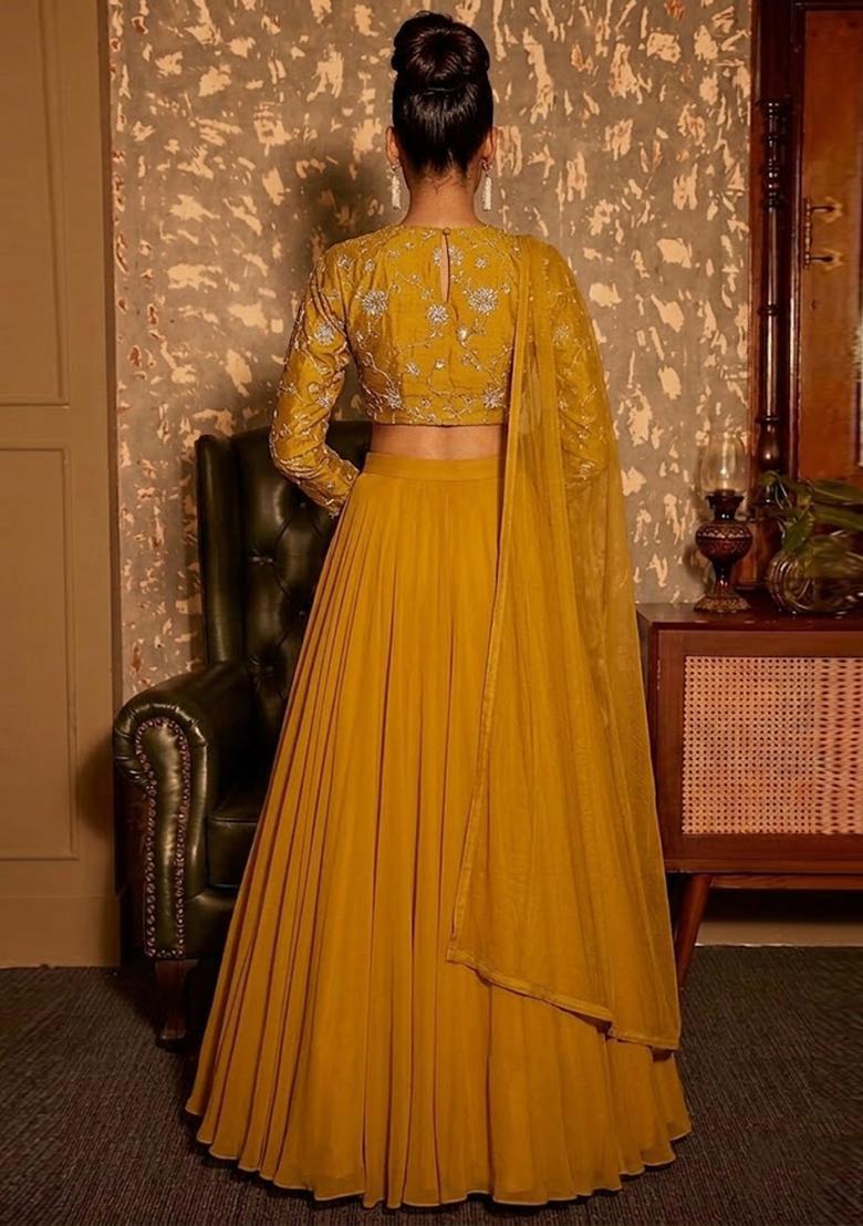 Mustard Embroidered Silk Blend Lehenga Set - Indya