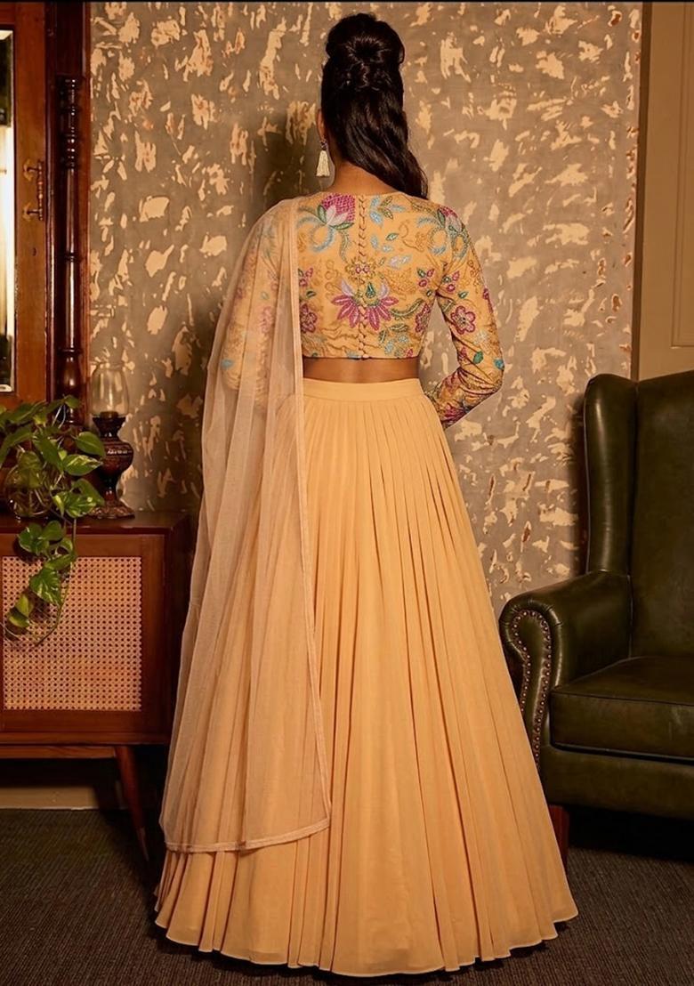 Peach Printed Organza Lehenga Set - Indya