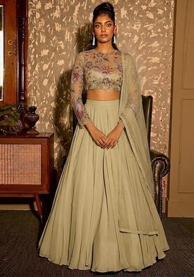 Sage Green Printed Organza Lehenga Set