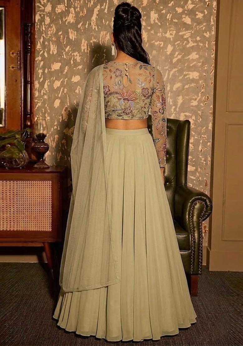 Sage Green Printed Organza Lehenga Set - Indya