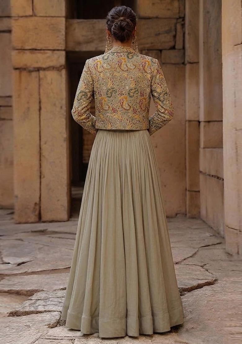 Grey Printed Crepe Fusion Set - Indya