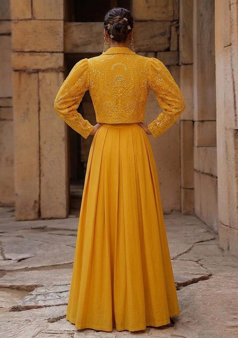 Mustard Mirror Viscose Fusion Set - Indya