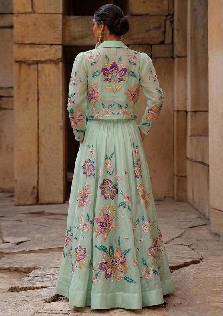 Mint Green Printed Organza Fusion Set - Indya