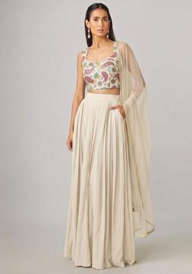 Off White Printed Crepe Lehenga Set