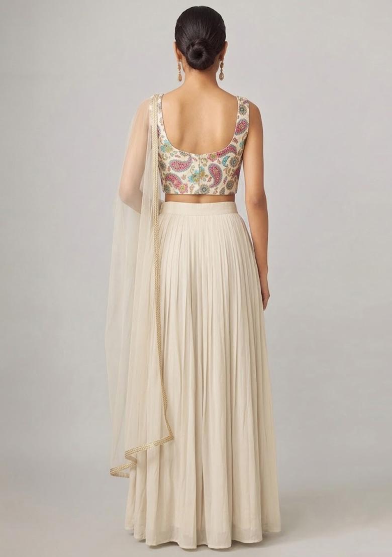 Off White Printed Crepe Lehenga Set - Indya