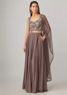 Mauve Embroidered Crepe Lehenga Set
