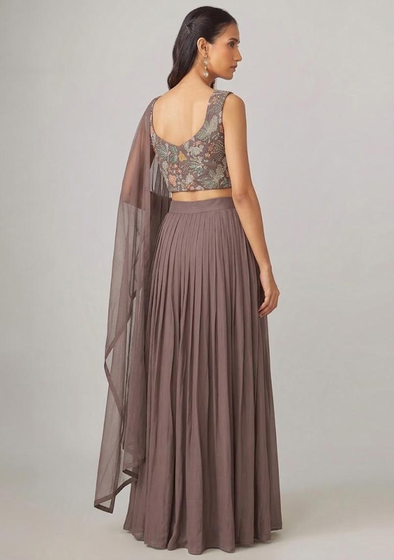Mauve Embroidered Crepe Lehenga Set - Indya