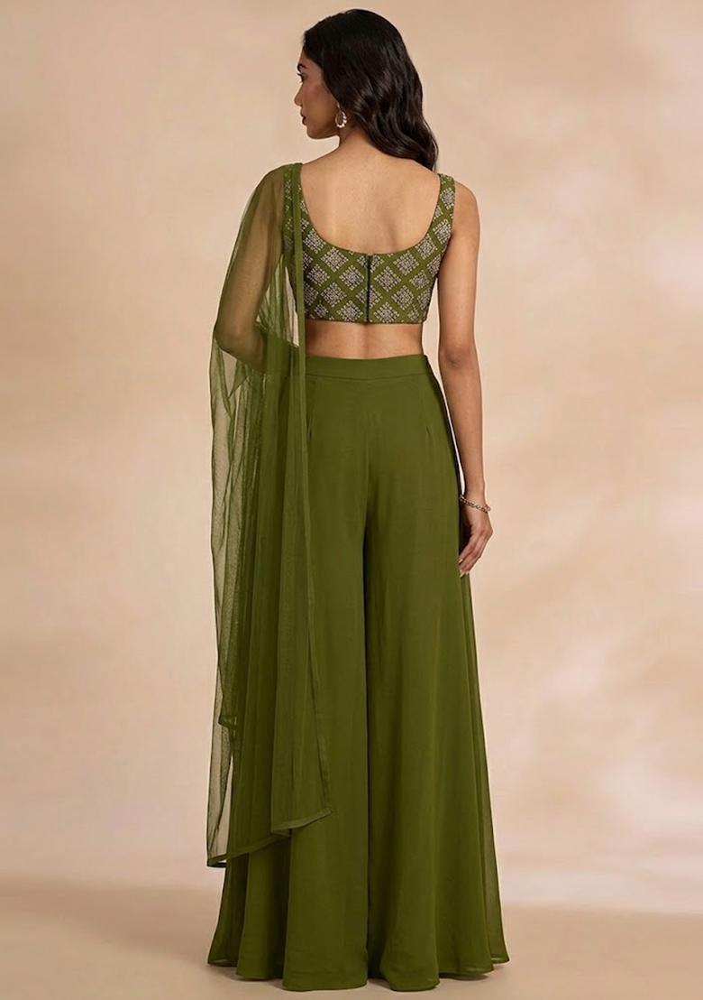 Olive Green Embroidered Crepe Fusion Set - Indya