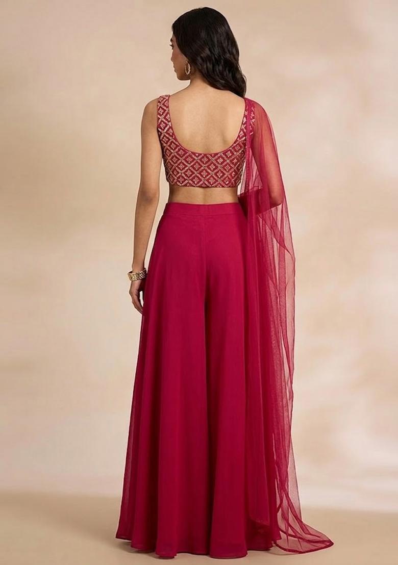 Hot Pink Embroidered Crepe Fusion Set - Indya