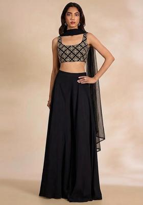 Jet Black Embroidered Crepe Fusion Set