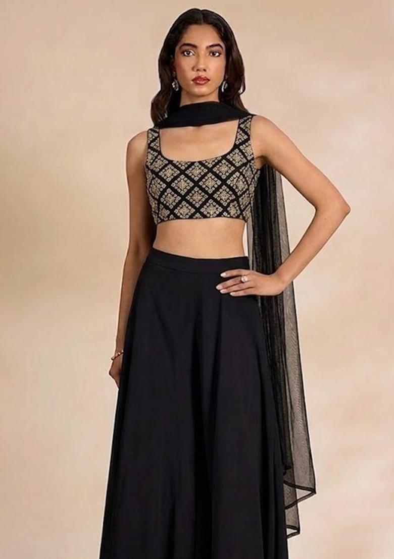 Jet Black Embroidered Crepe Fusion Set - Indya