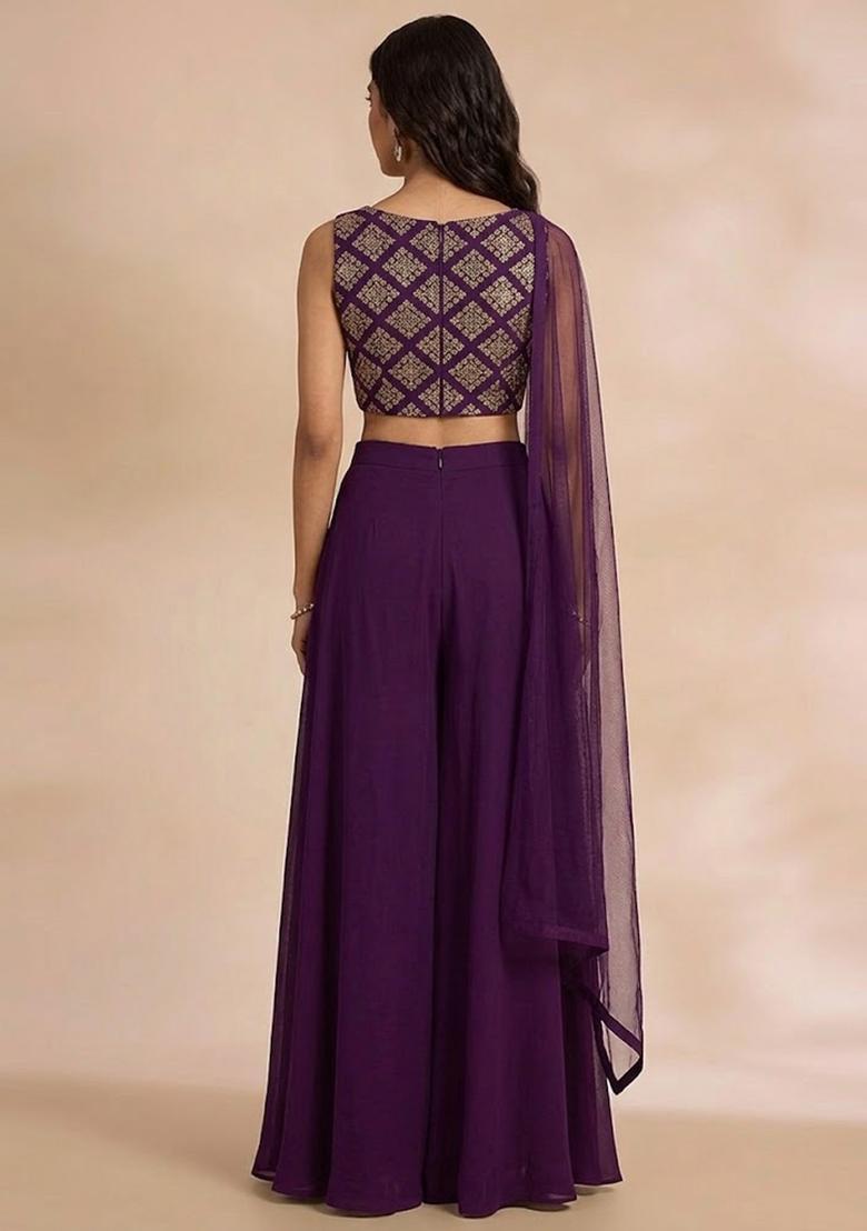 Deep Purple Embroidered Crepe Fusion Set - Indya