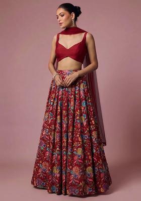 Red Printed Crepe Lehenga Set