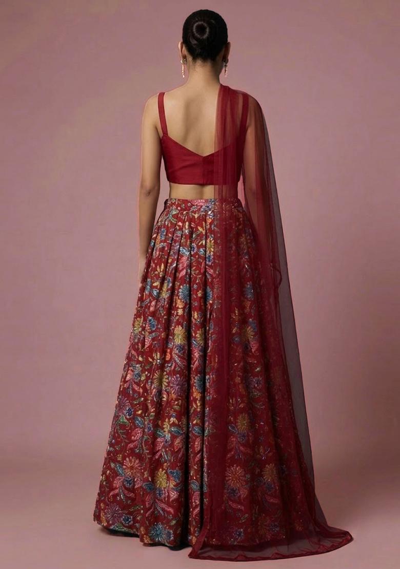 Red Printed Crepe Lehenga Set - Indya