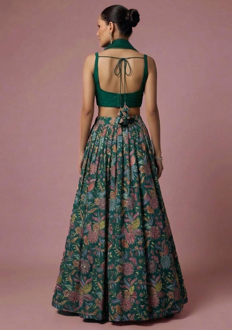 Bottle Green Printed Crepe Lehenga Set - Indya