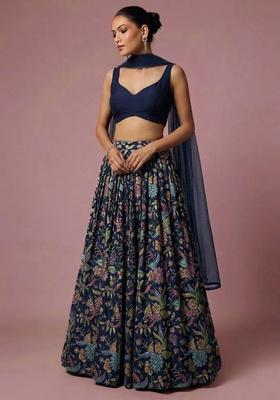Navy Blue Printed Crepe Lehenga Set