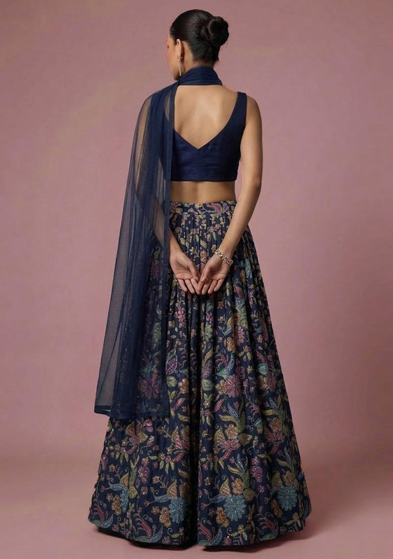 Navy Blue Printed Crepe Lehenga Set - Indya
