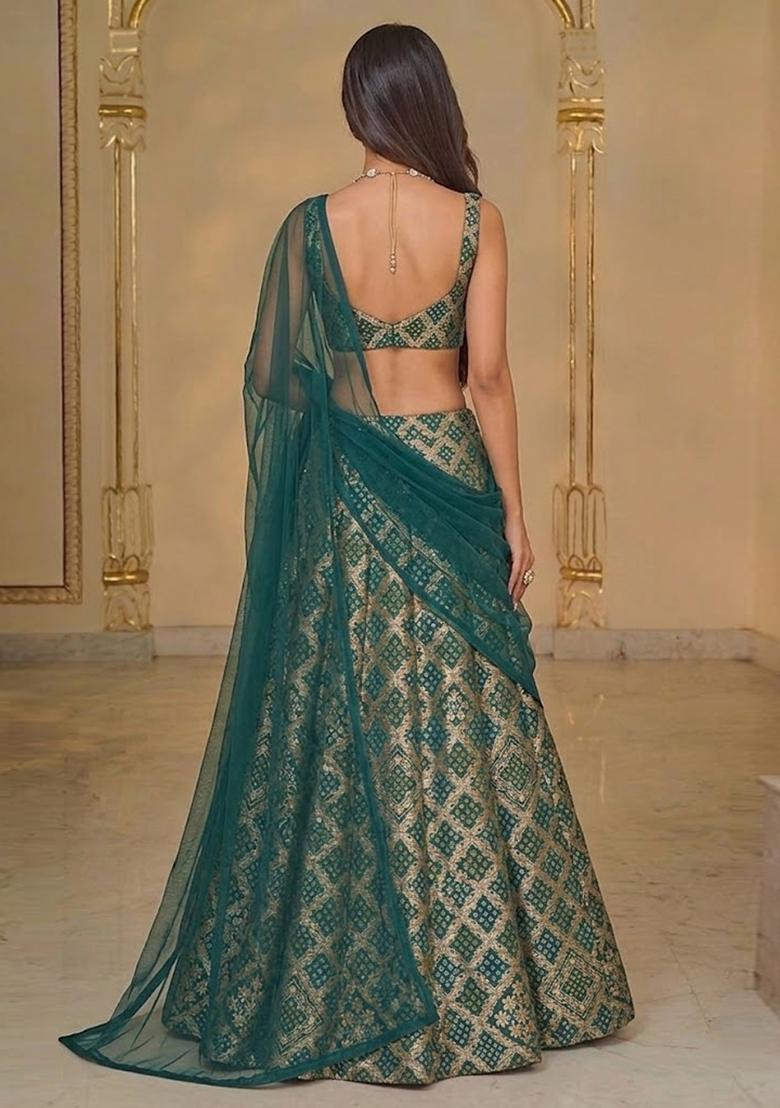 Green Zari Silk Blend Lehenga Set - Indya