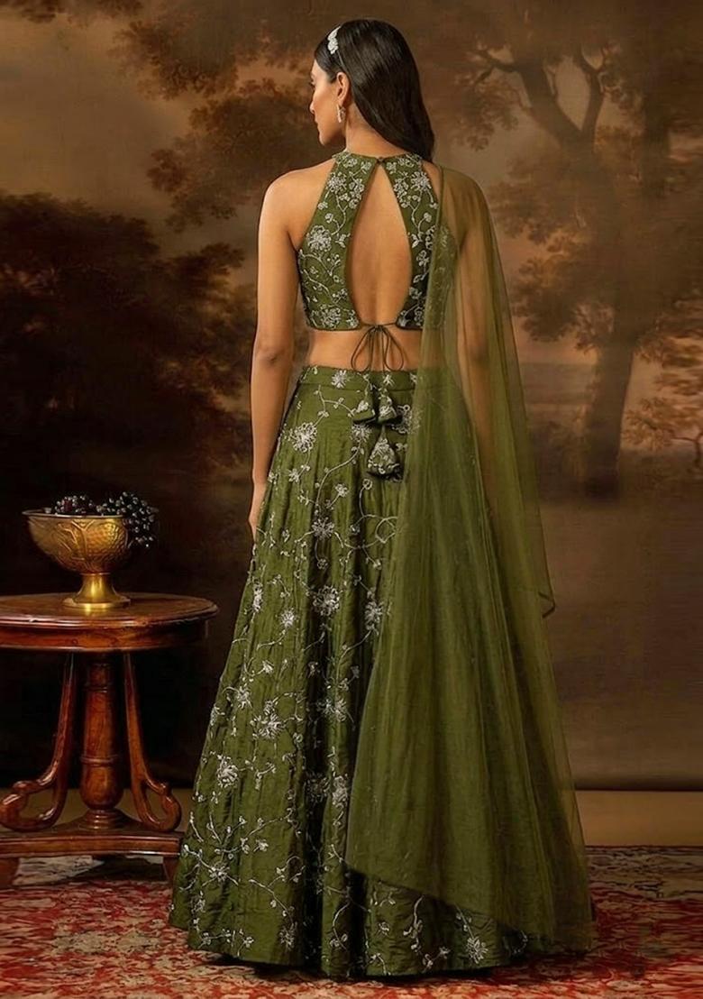 Olive Green Embroidered Silk Blend Lehenga Set - Indya