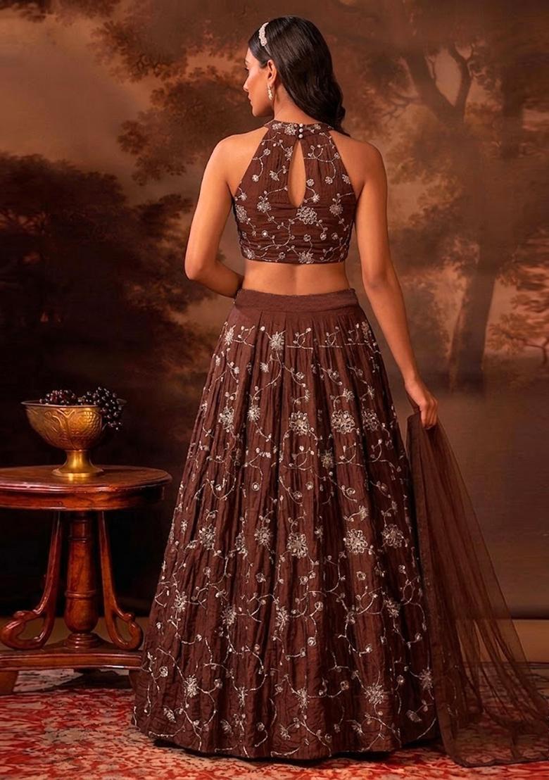 Chocolate Brown Embroidered Silk Blend Lehenga Set - Indya
