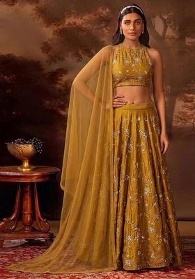 Mustard Embroidered Silk Blend Lehenga Set