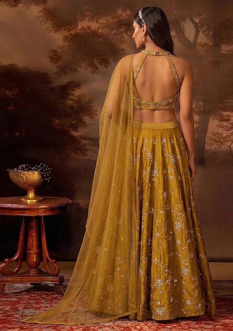 Mustard Embroidered Silk Blend Lehenga Set - Indya