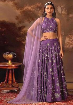 Violet Embroidered Silk Blend Lehenga Set