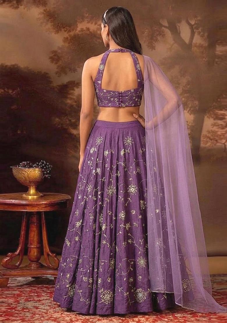 Violet Embroidered Silk Blend Lehenga Set - Indya