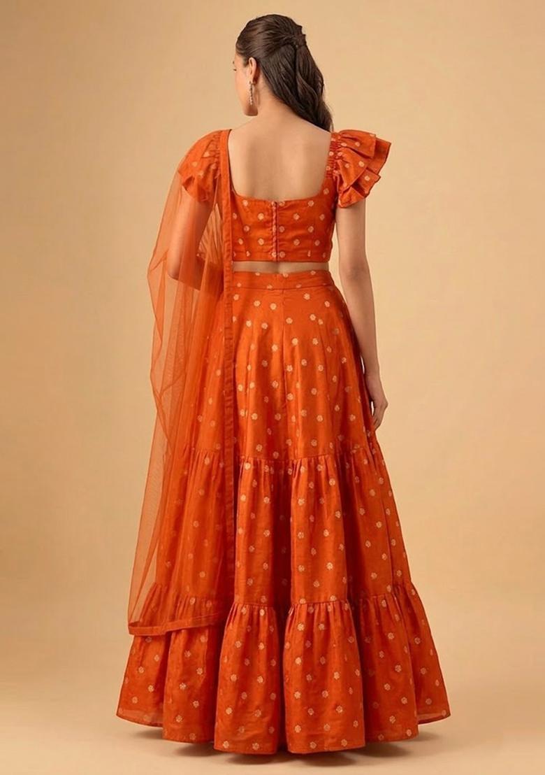 Orange Zari Crepe Lehenga Set - Indya