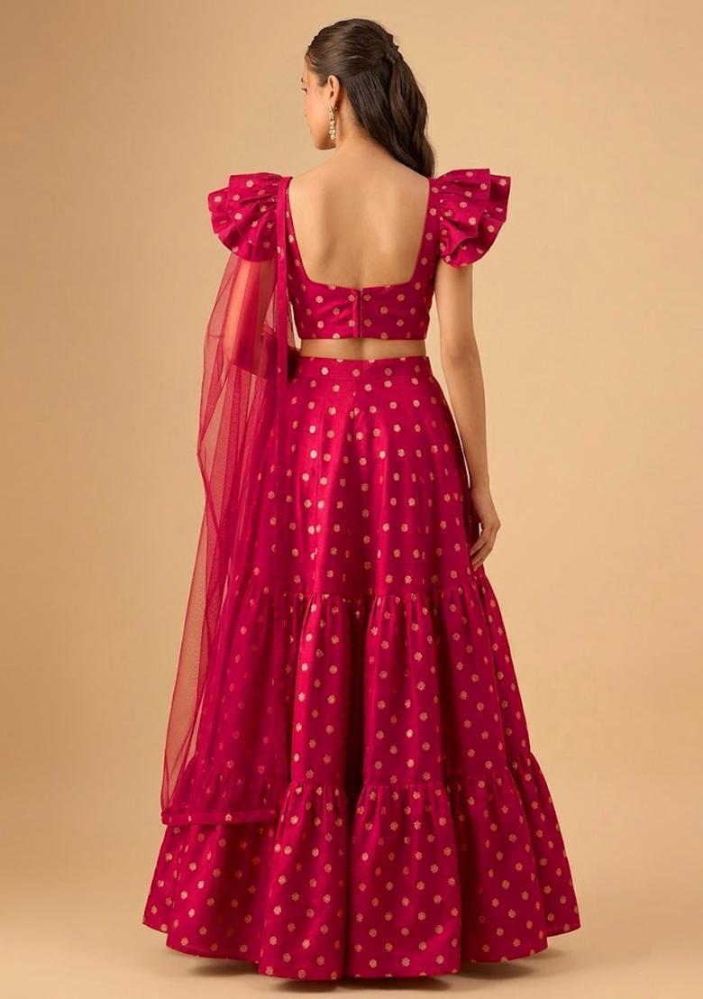 Rani Pink Zari Crepe Lehenga Set - Indya