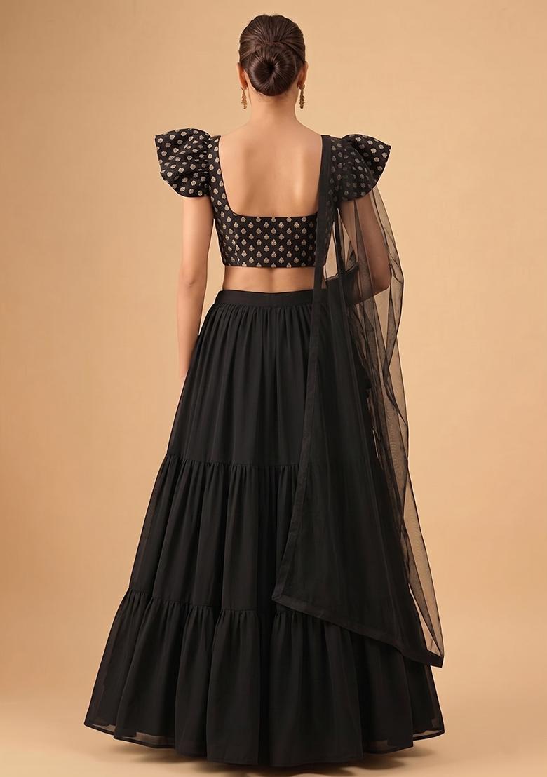 Jet Black Embroidered Chanderi Lehenga Set - Indya