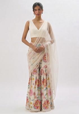 Ivory White Printed Chinon Fusion Set