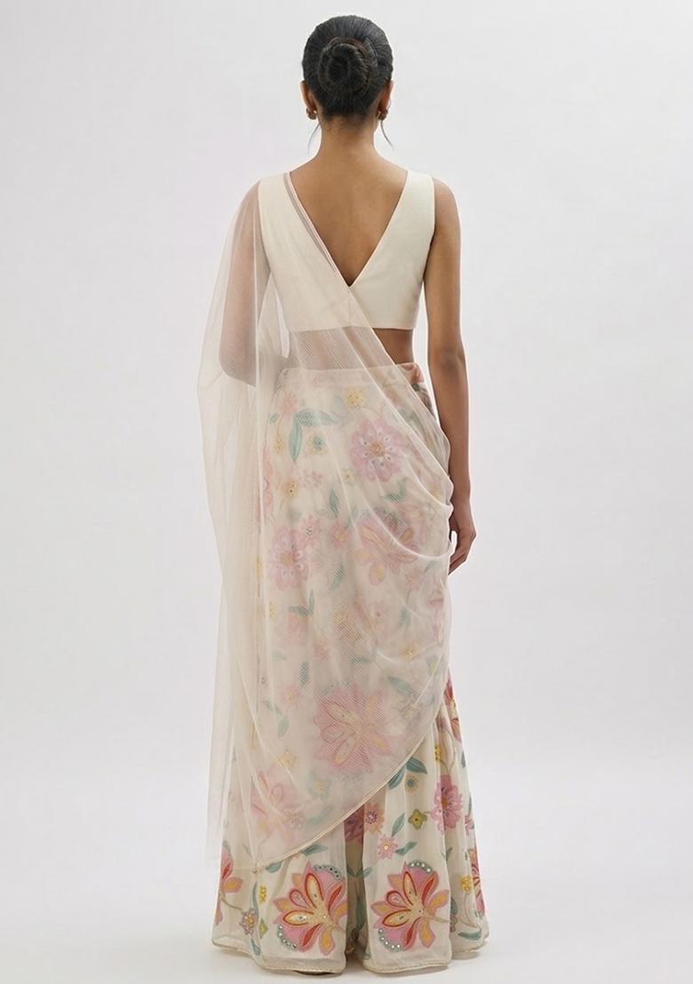 Ivory White Printed Chinon Fusion Set - Indya