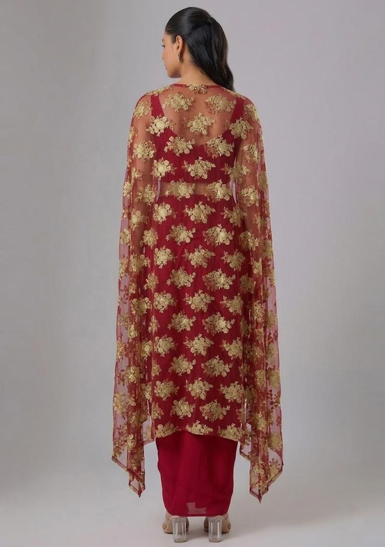 Crimson Red Embroidered Net Fusion Set - Indya