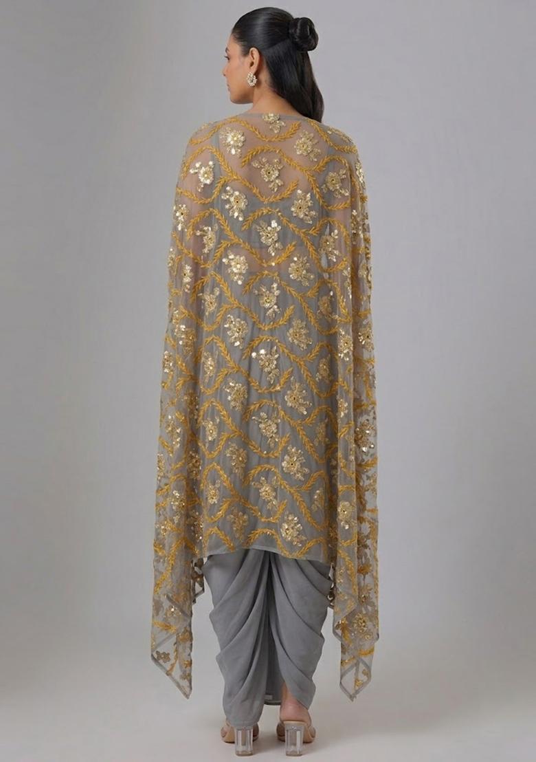 Steel Grey Embroidered Net Fusion Set - Indya