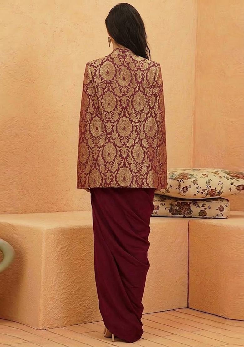 Maroon Brocade Fusion Set - Indya