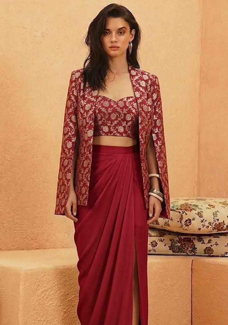 Red Brocade Fusion Set - Indya