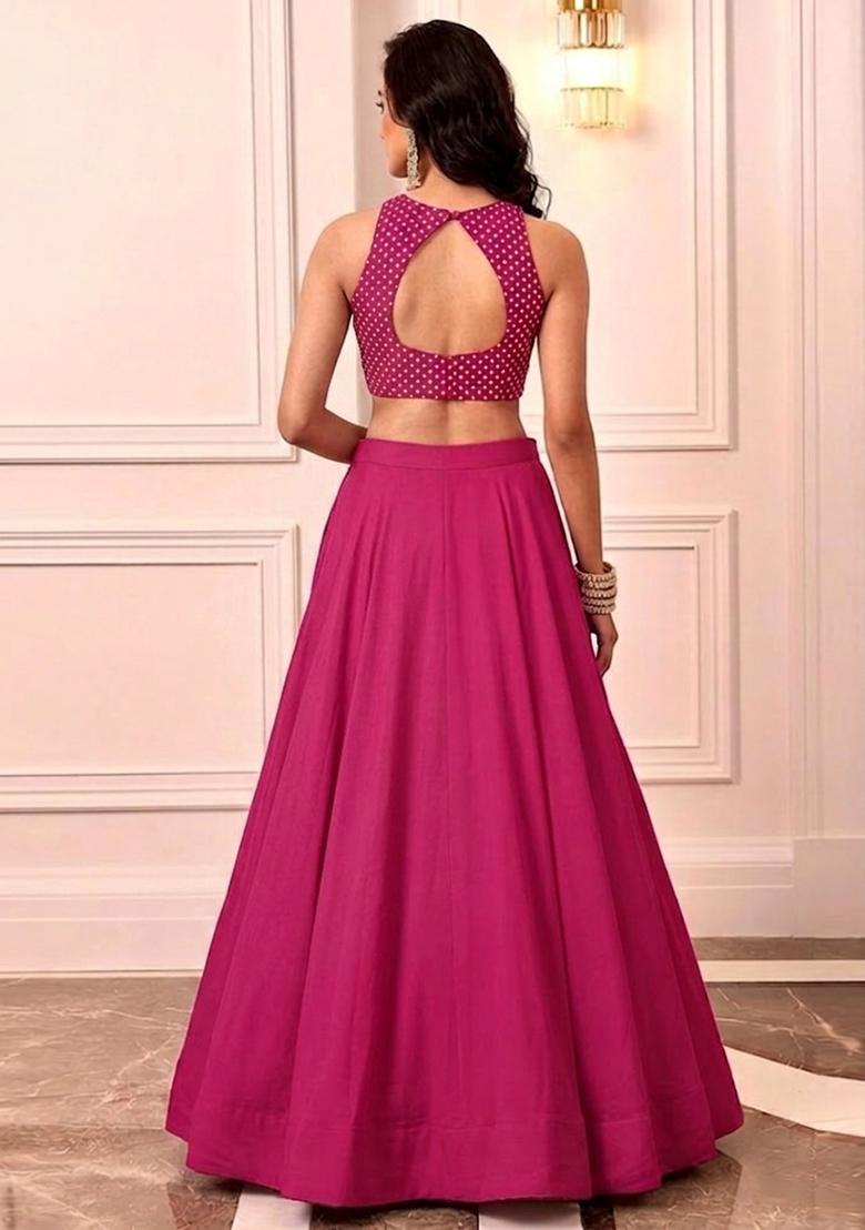 Magenta Pink Printed Crepe Lehenga Set - Indya