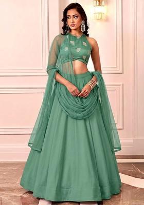 Mint Green Embroidered Silk Blend Lehenga Set