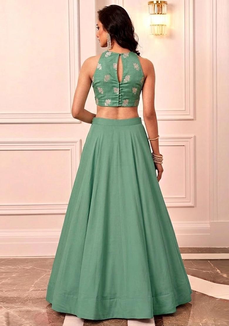 Mint Green Embroidered Silk Blend Lehenga Set - Indya