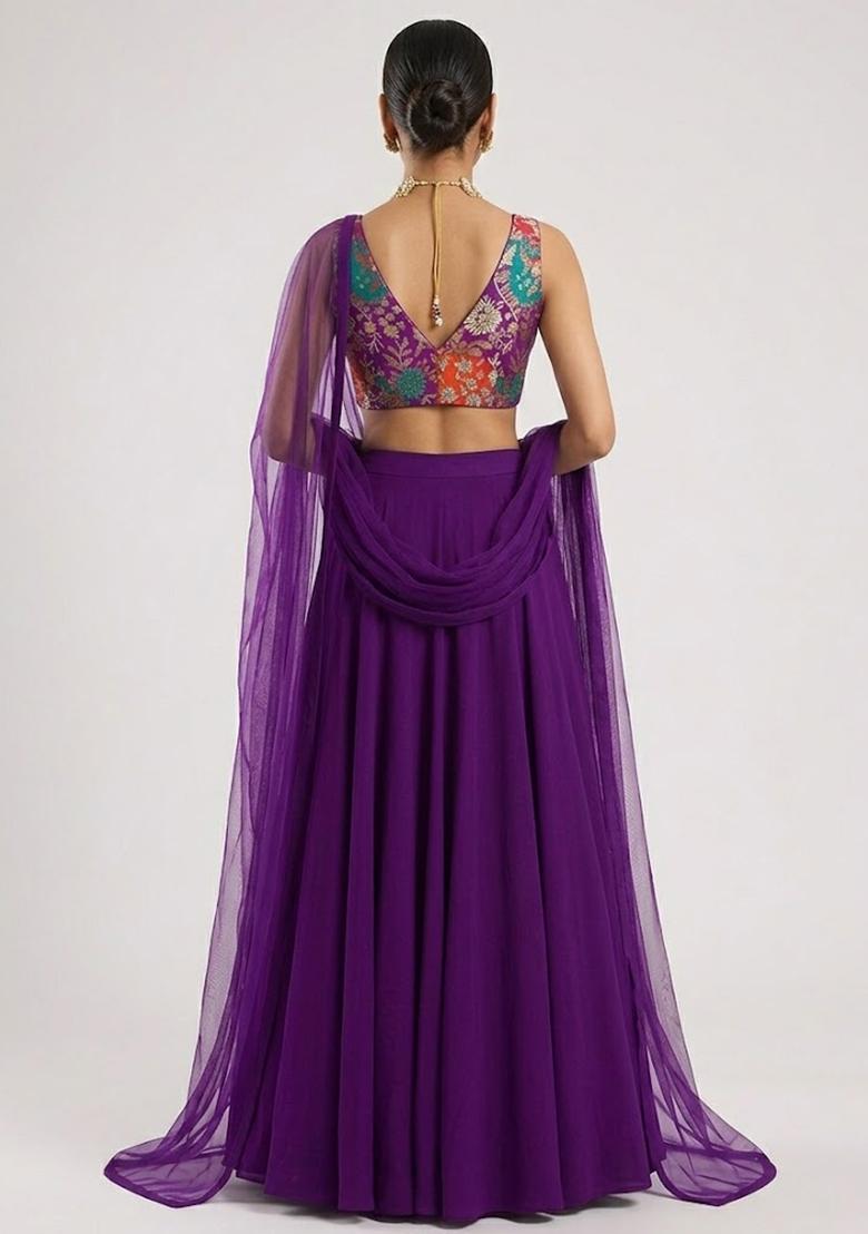Royal Purple Printed Crepe Lehenga Set - Indya