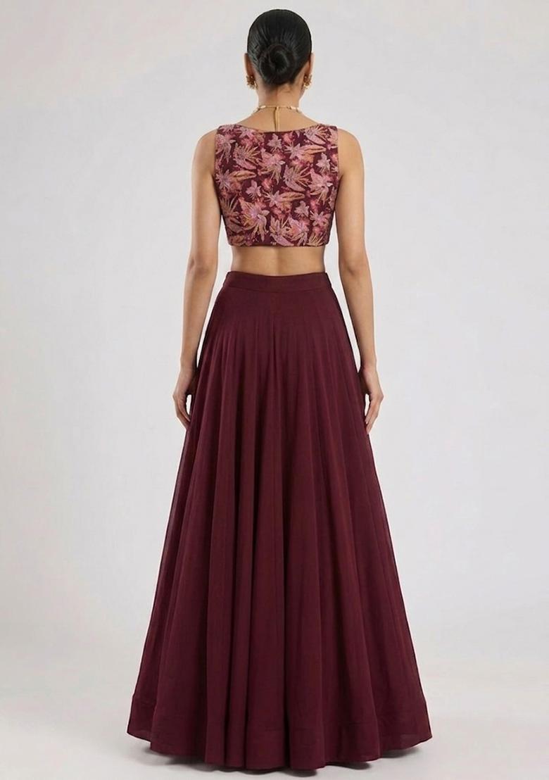 Maroon Printed Crepe Lehenga Set - Indya