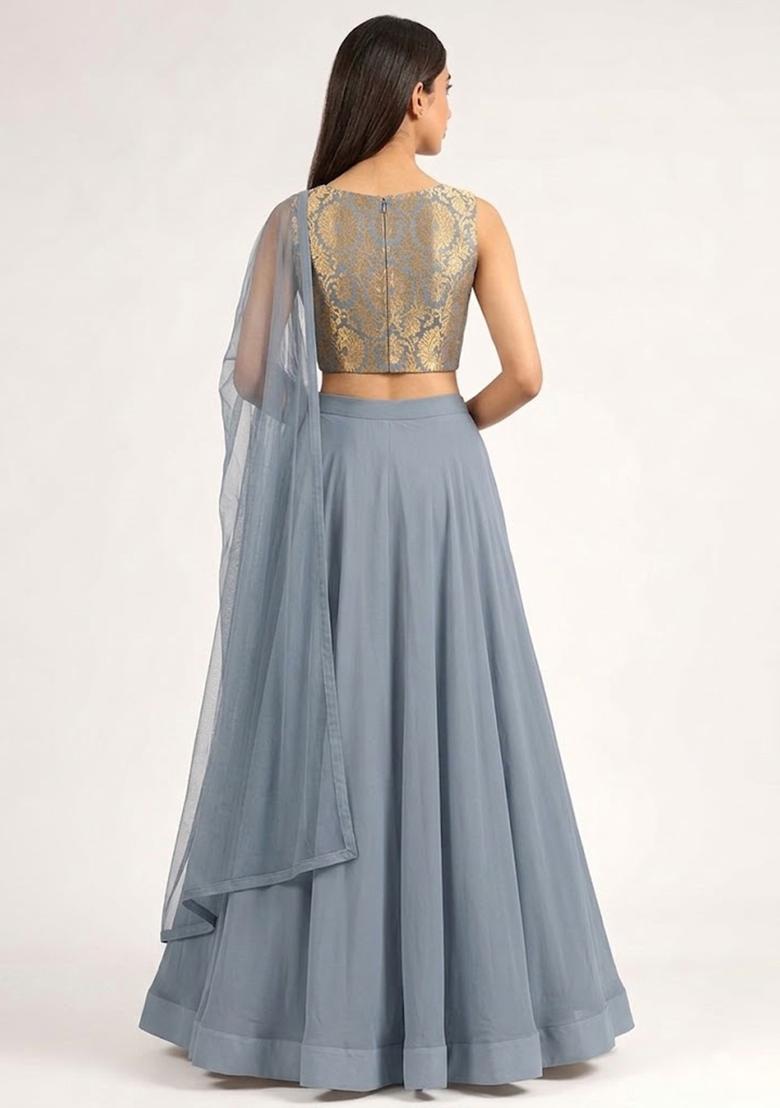 Steel Grey Embroidered Silk Blend Lehenga Set - Indya