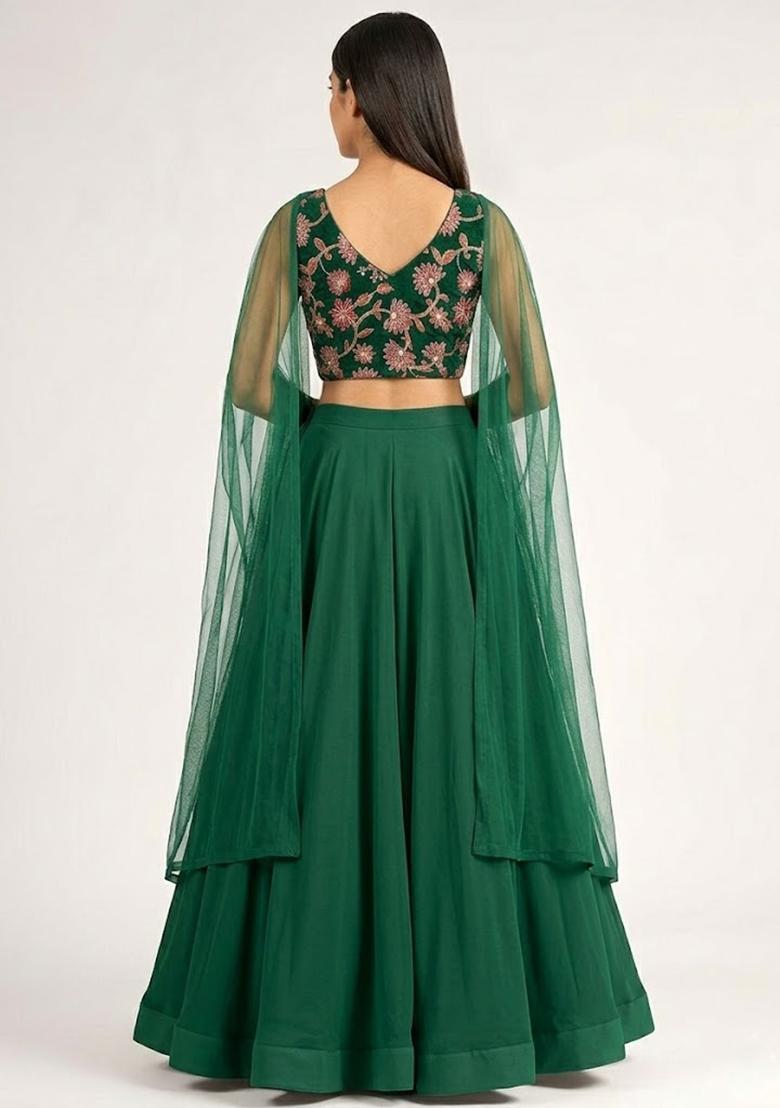Bottle Green Sequin Organza Lehenga Set - Indya
