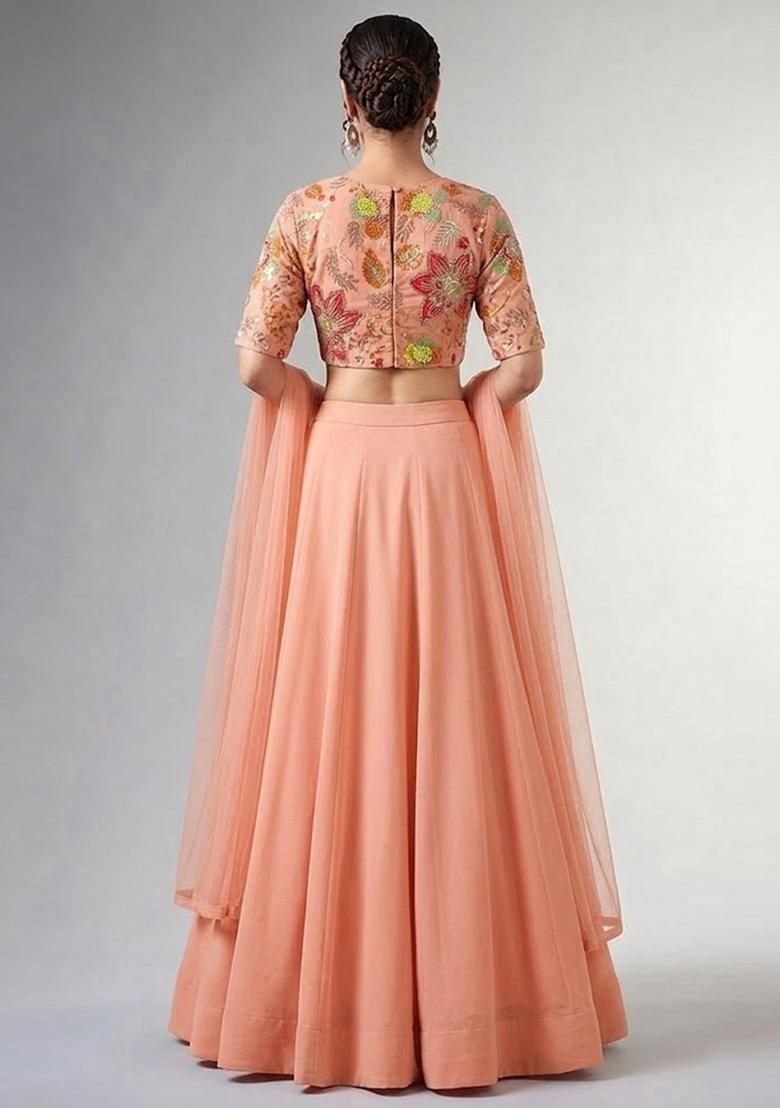 Peach Printed Organza Lehenga Set - Indya