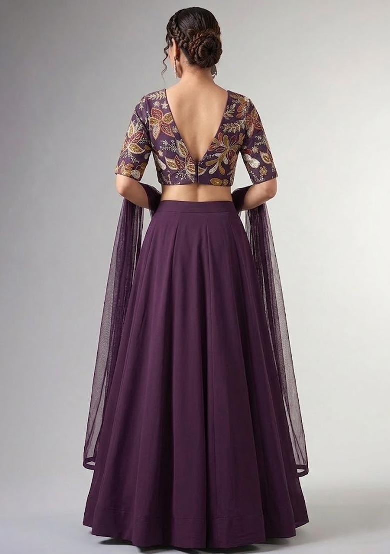 Royal Purple Printed Silk Blend Lehenga Set - Indya