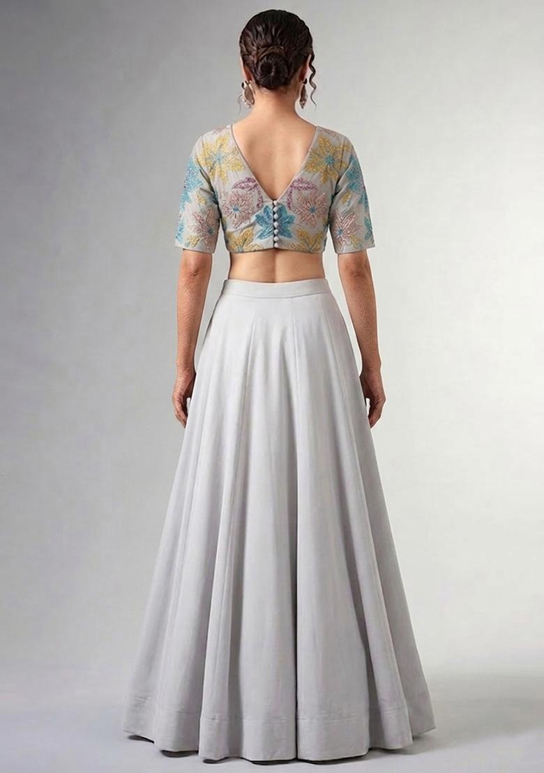 Steel Grey Printed Crepe Lehenga Set - Indya