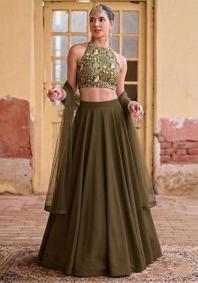 Olive Green Brocade Lehenga Set