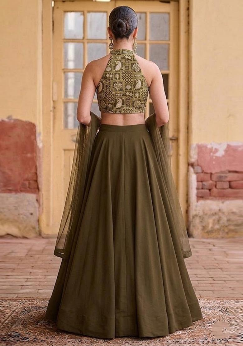Olive Green Brocade Lehenga Set - Indya